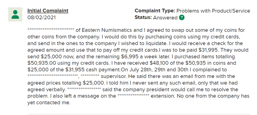 Eastern Numismatics complaint