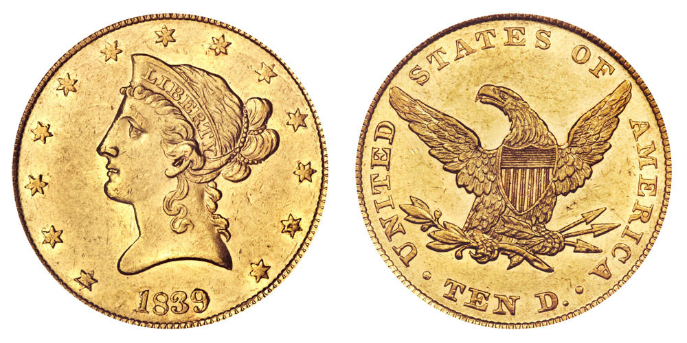 Both sides of U.S. $10 liberty gold coins