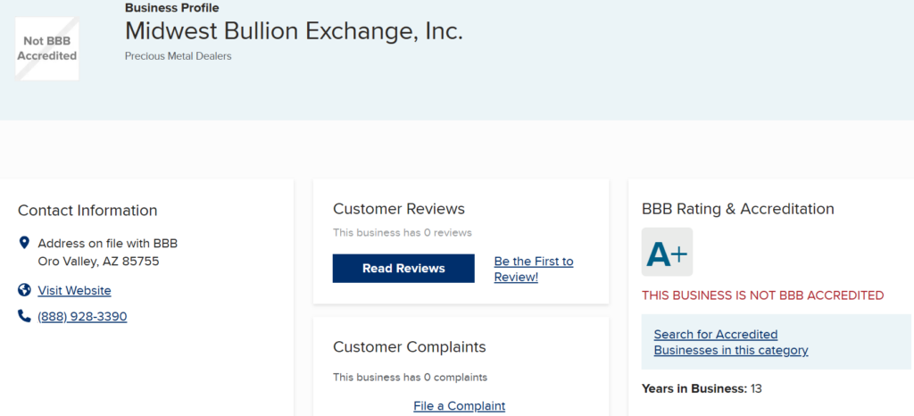 Midwest Bullion Exchange reviews & ratings on BBB