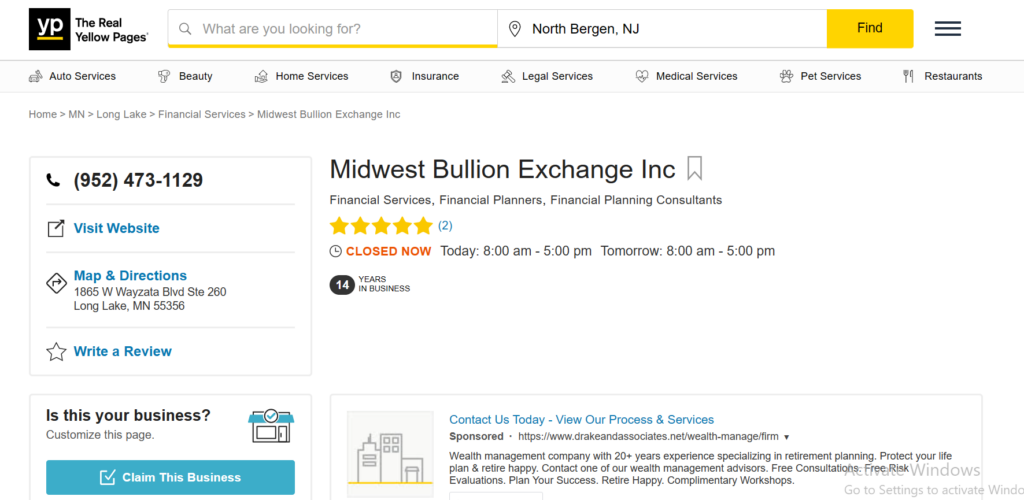 Midwest Bullion Exchange ratings on Yellow Pages