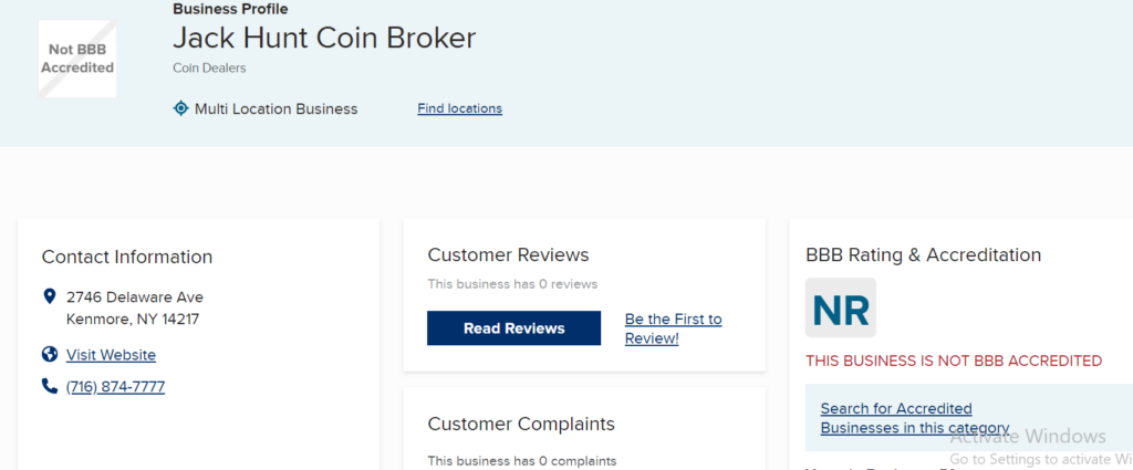 Jack Hunt Coin Broker reviews and ratings on BBB