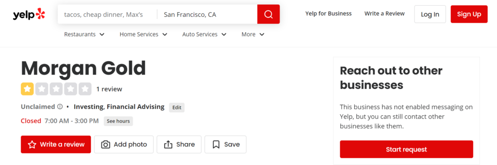 Morgan Gold and Silver ratings on Yelp