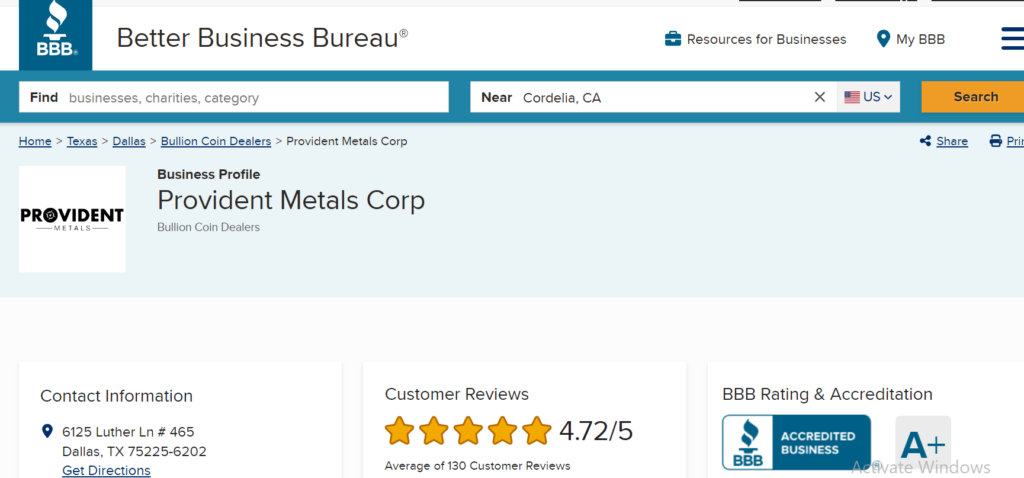 Provident Metals Review & rating on Better Business Bureau 