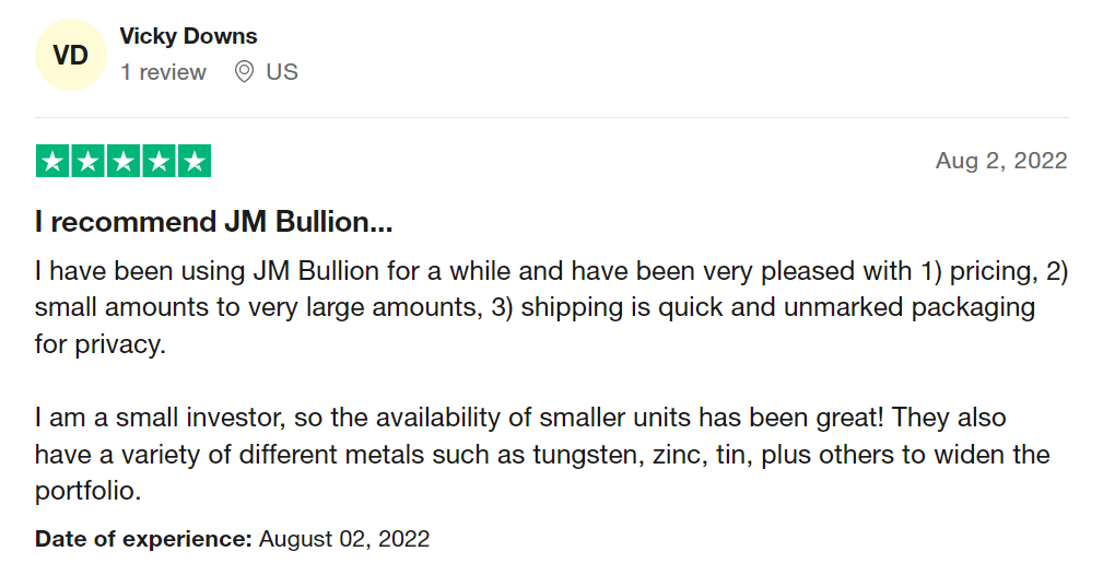 JM Bullion customer positive review
