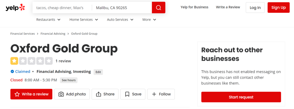 Oxford Gold Group ratings on Yelp