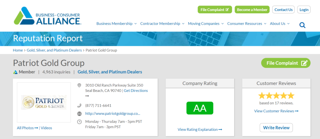 Patriot Gold Group reviews on Business consumer alliance 