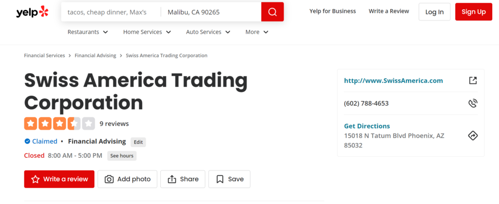 Swiss America Trading Corporation ratings on Yelp