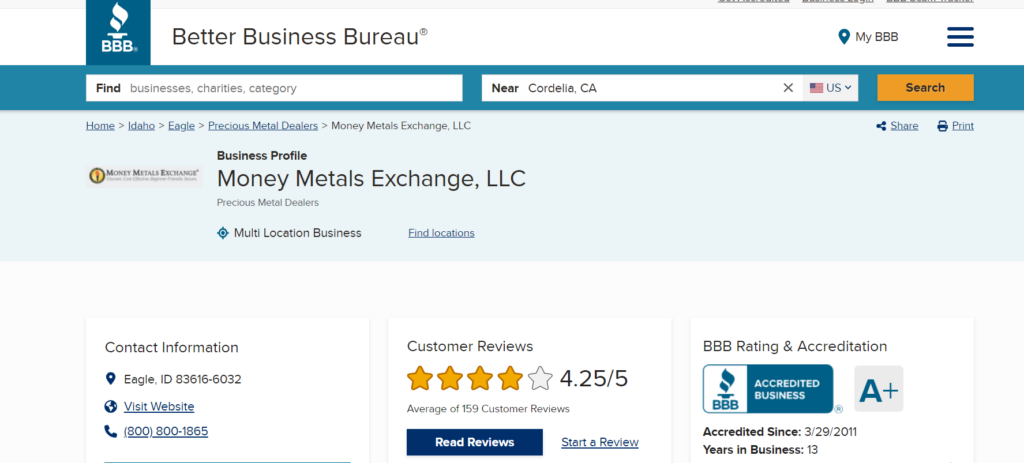 Money Metals Exchange BBB rating is A+