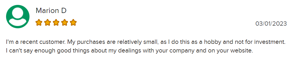 Marion's positive Money Metals Exchange reviews on Trustpilot