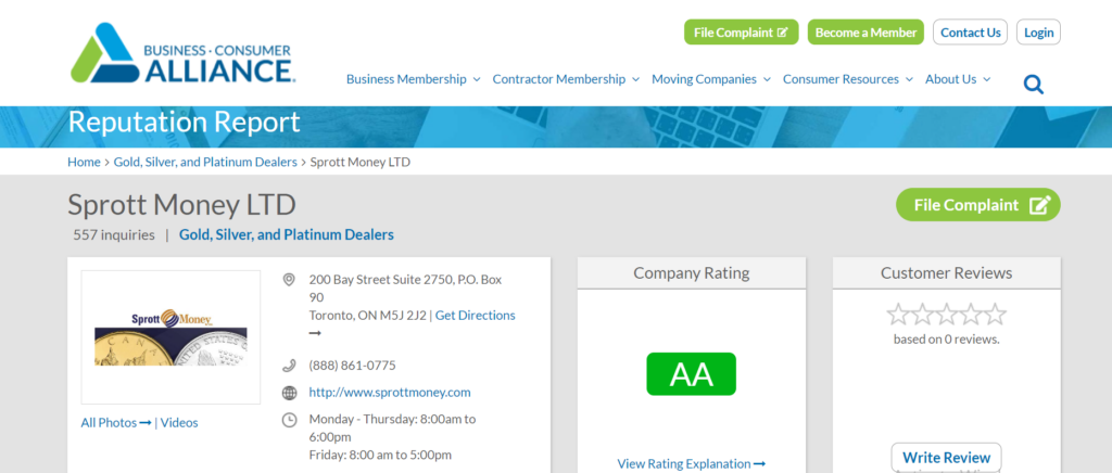 Sprott Money reviews on BCA. They have an AA rating.