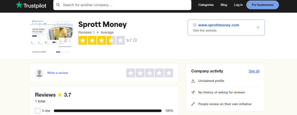 Sprott Money Trustpilot page. They have a 3.7 out of 5-stars rating.