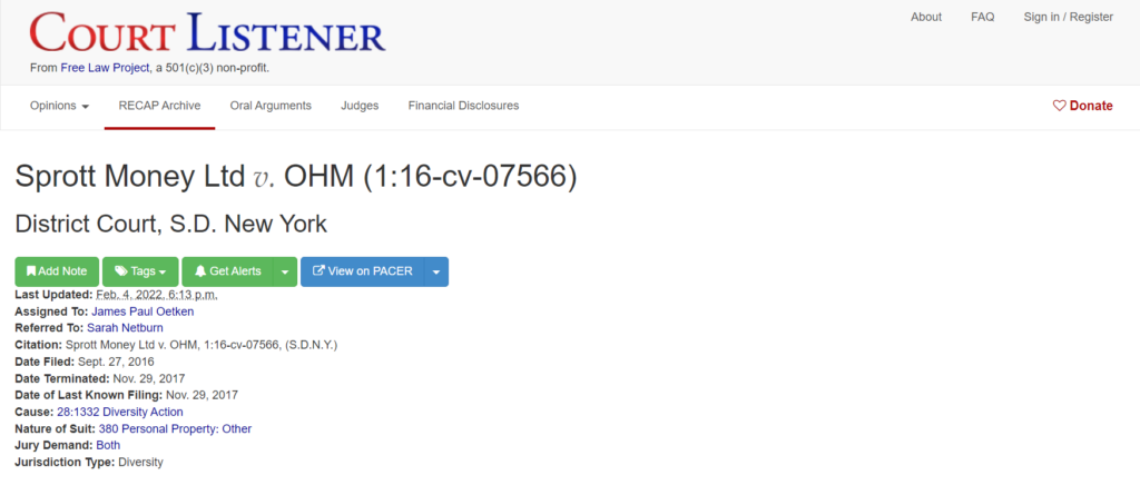 Sprott Money lawsuit against OHM 