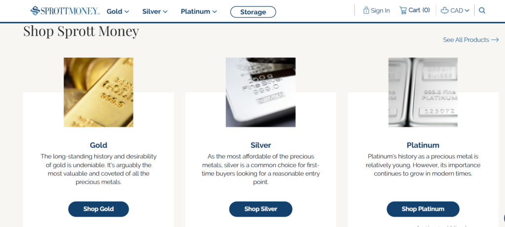Sprott Money product selection including gold, silver and platinum