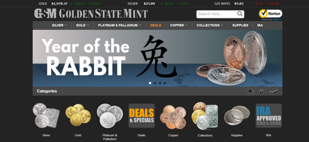 Golden State Mint website homepage