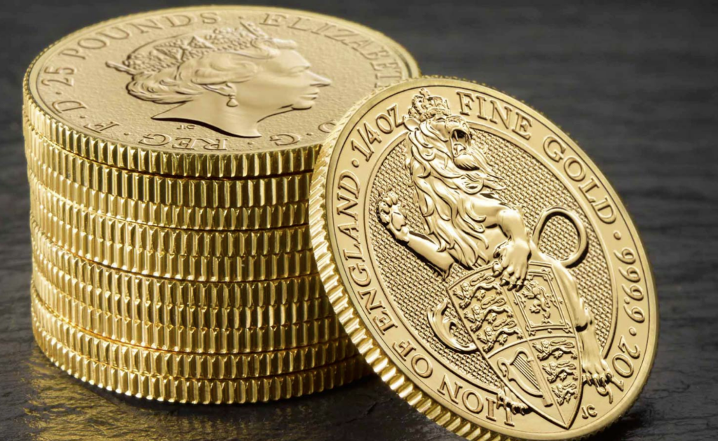 stack of united kingdom queen's beasts gold coins