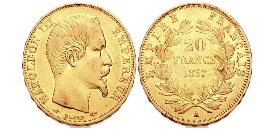 reverse and obverse of french gold 20 francs napoleon coins