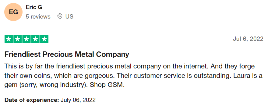 Golden State Mint reviews on Trustpilot praising their friendly staff