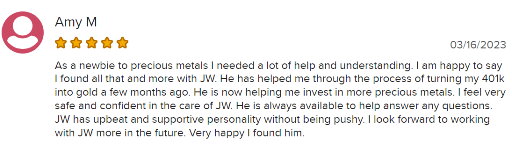 Global Gold Investments reviews on BBB. Amy praises the company's supportive staff.