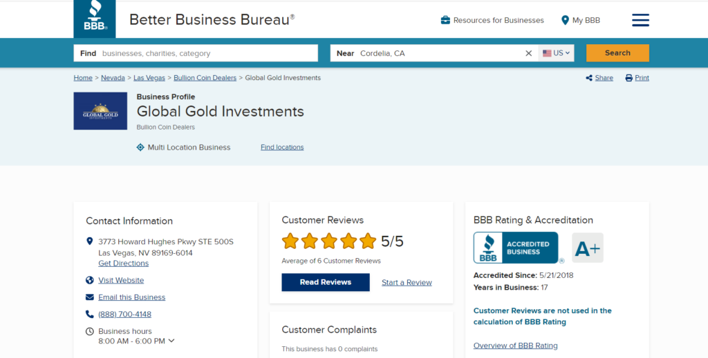 Global Gold Investments BBB page and rating. 