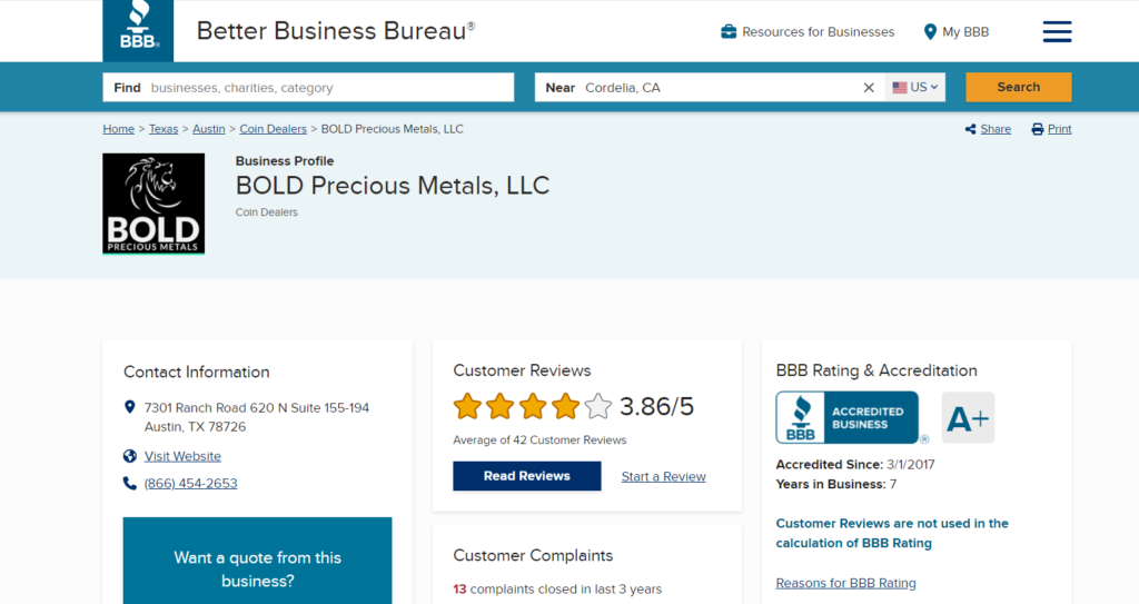 BOLD Precious Metals BBB rating. They have BBB accreditation as well.
