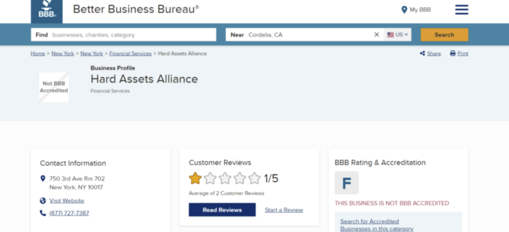 Hard Assets Alliance BBB rating and customer reviews
