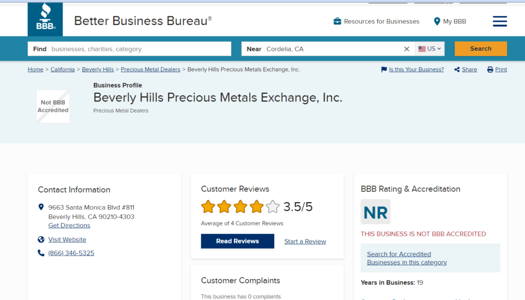 Beverly Hills Precious Metals Exchange BBB page screenshot