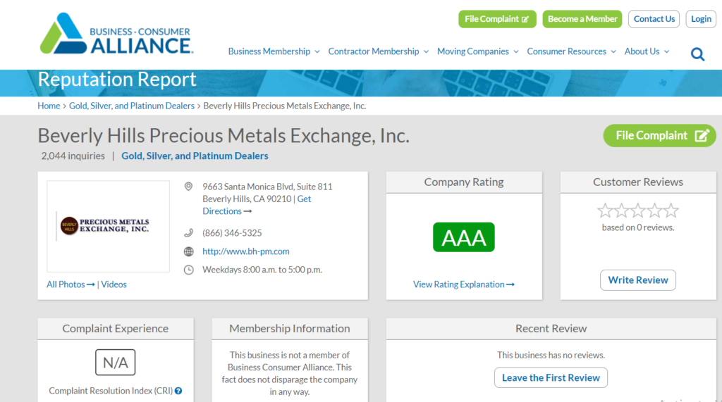 Beverly Hills Precious Metals Exchange reviews page on BCA