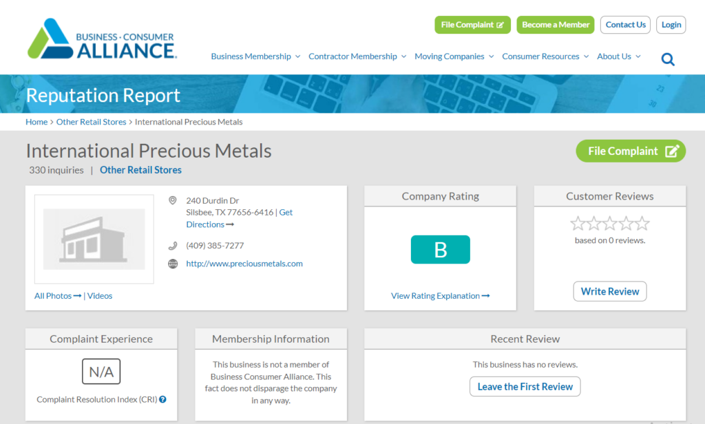 International Precious Metals reviews on BCA. They have 0 reviews and a B rating.