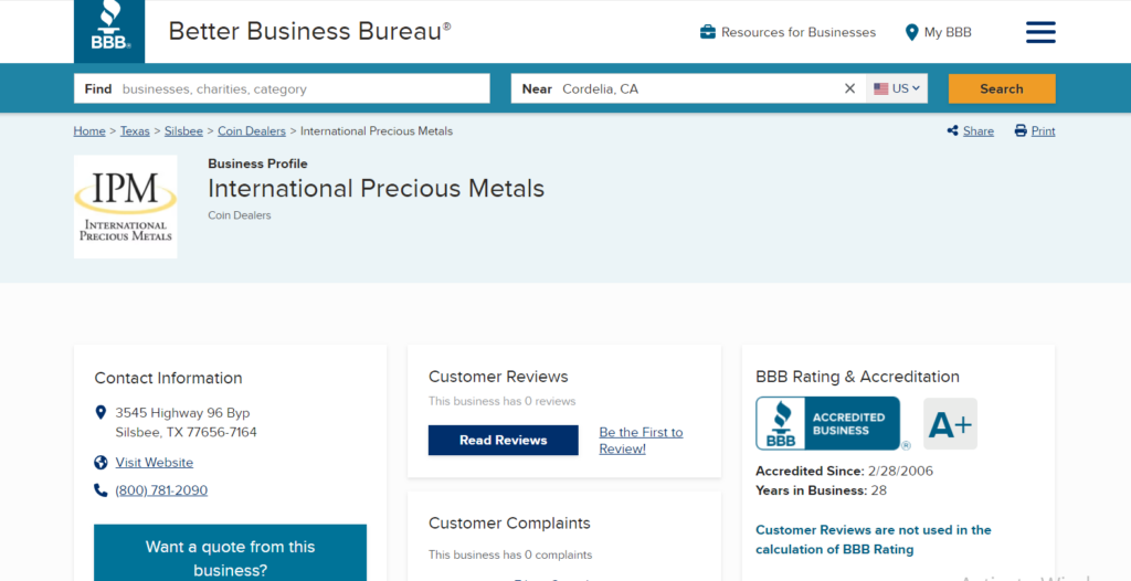 International Precious Metals BBB page screenshot. They have an A+ rating.