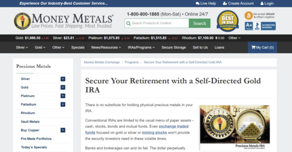 Money Metals Exchange Gold IRA page