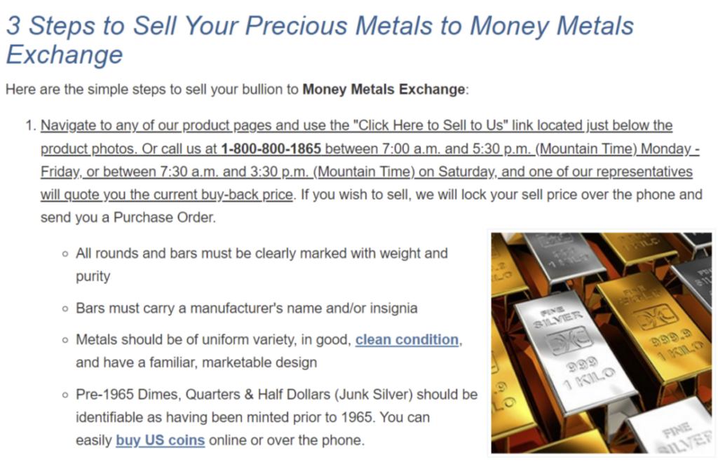 Select the "Click Here to Sell to Us" link on the Money Metals Exchange website to sell your metals to them