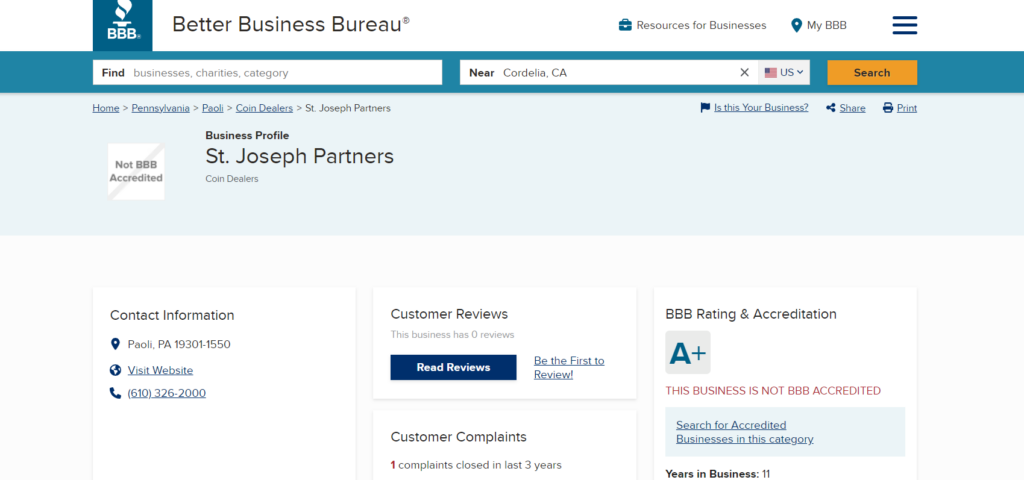 St Joseph Partners BBB page. They have an A+ rating but no accreditation.