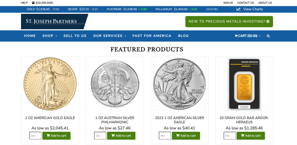 St Joseph Partners gold and silver products page