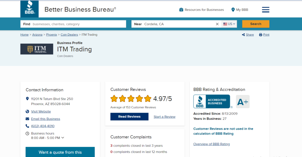 ITM Trading BBB page. They have an A+ rating and 153 customer reviews.
