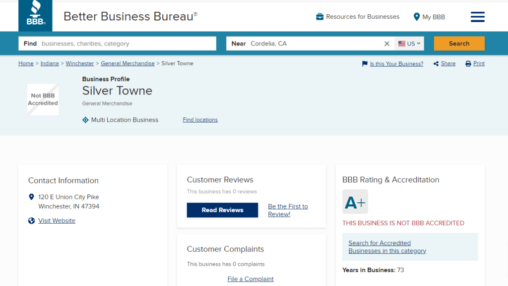 SilverTowne BBB page. They don't have a BBB accreditation.