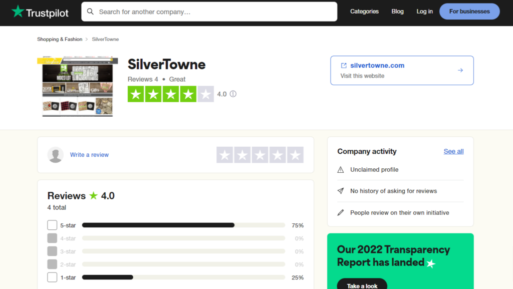 SilverTowne Trustpilot page screenshot. They have 4 reviews there.