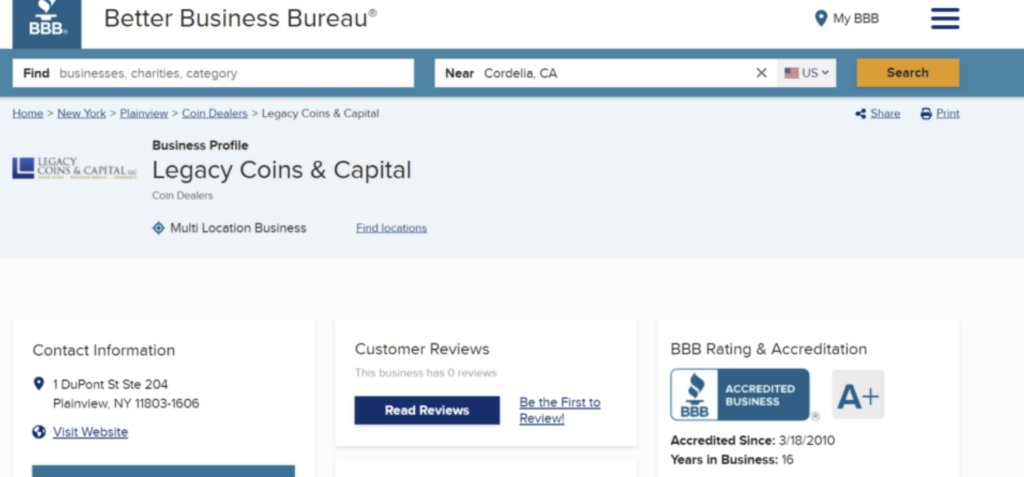 Legacy Coins and Capital BBB page. They have an A+ rating.