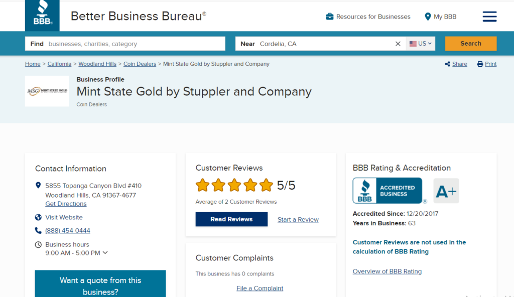 Mint State Gold BBB page and rating. They have an A+ rating.
