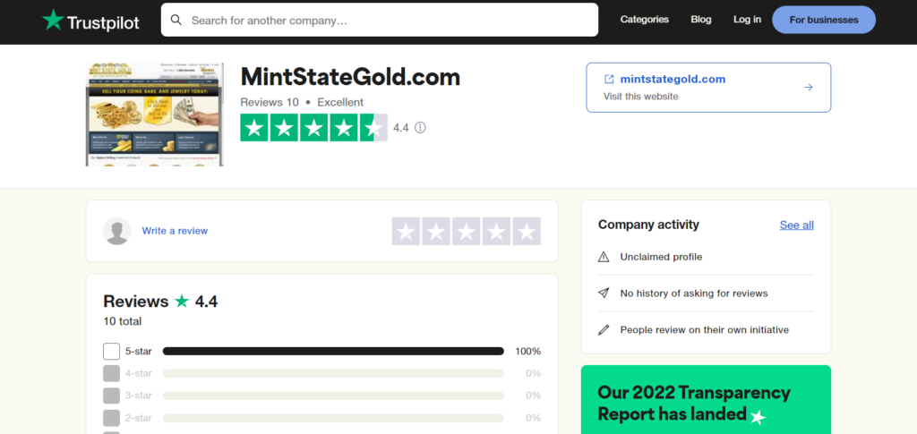 Mint State Gold Trustpilot rating. They have 10 reviews there.