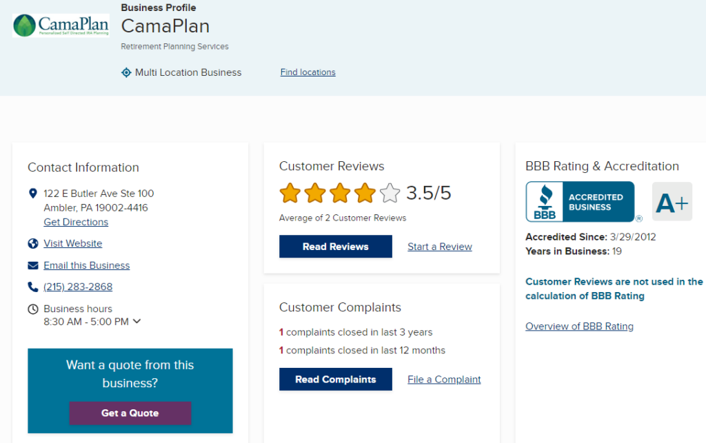 CamaPlan BBB page