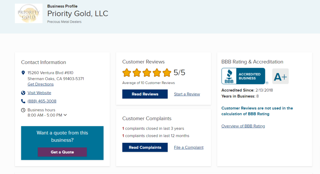 Priority Gold BBB page screenshot. They have an A+ rating.