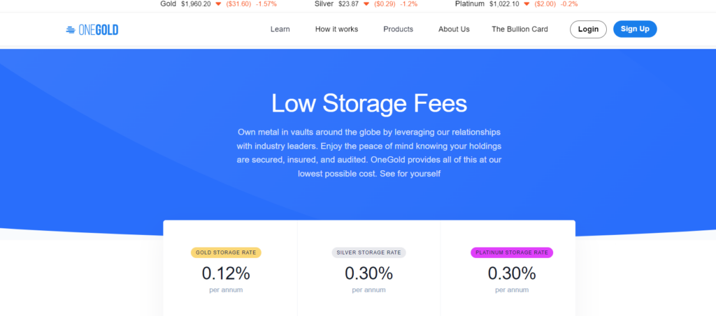 OneGold fees page. They charge low storage fees.