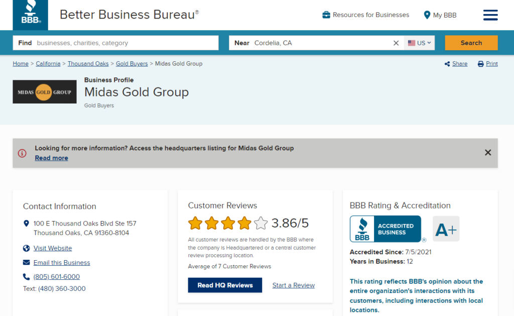 Midas Gold Group BBB page screenshot. They have an A+ rating on the page.