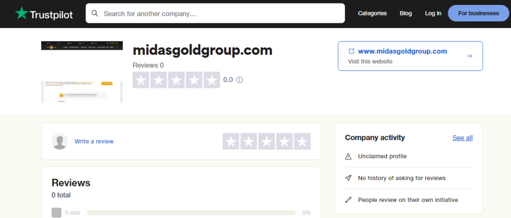 Midas Gold Group Trustpilot page