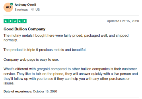 Review praising the company for being a good bullion company