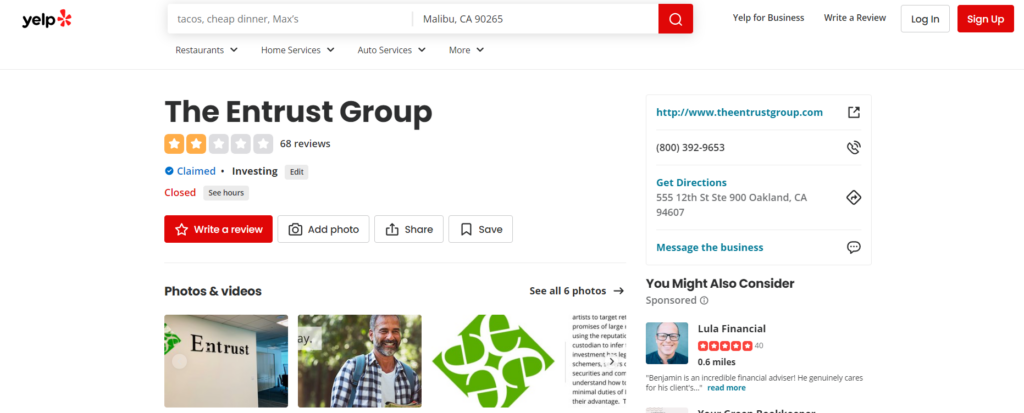 The Entrust Group Yelp page. The screenshot shows that they have a poor rating.