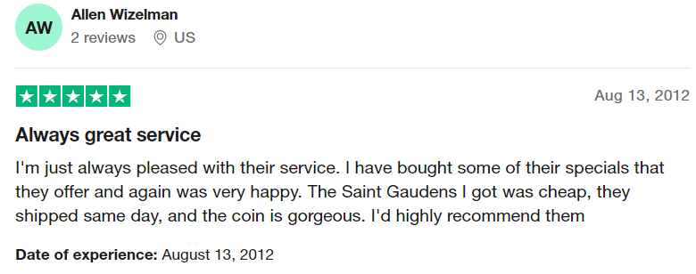 Mint State Gold review on Trustpilot by Allen. It praises the company's pricing.