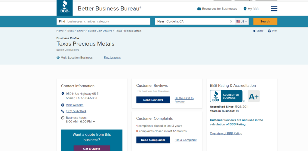 Texas Precious Metals BBB reviews and rating. They have an A+ rating there.