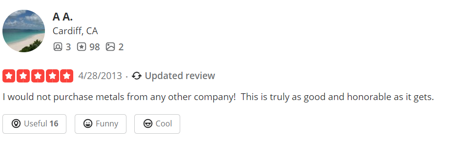 Texas Precious Metals reviews on Yelp. It praises them for being honorable.
