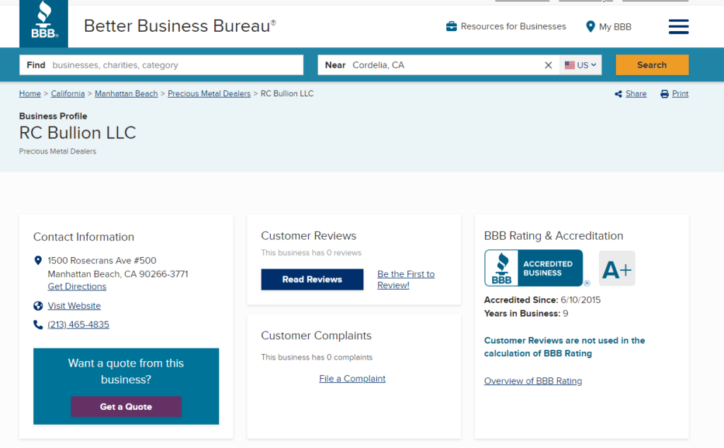 RC Bullion BBB page. They have an A+ rating on the platform and no reviews.
